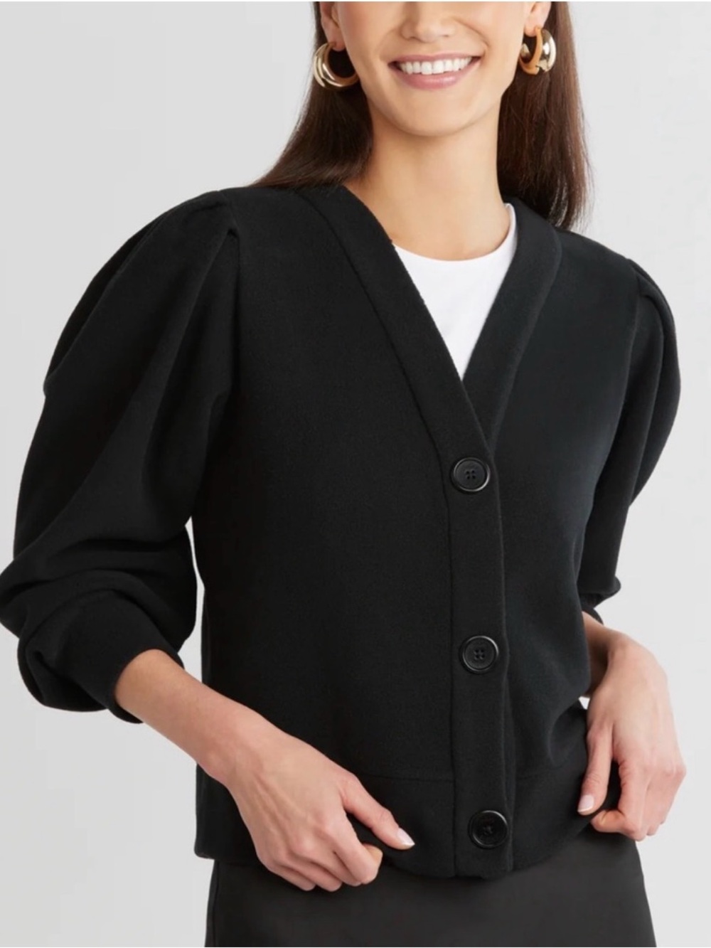 Dudley Stephens Kelly Puff Sleeve Cardigan Black Vello Fleece Medium